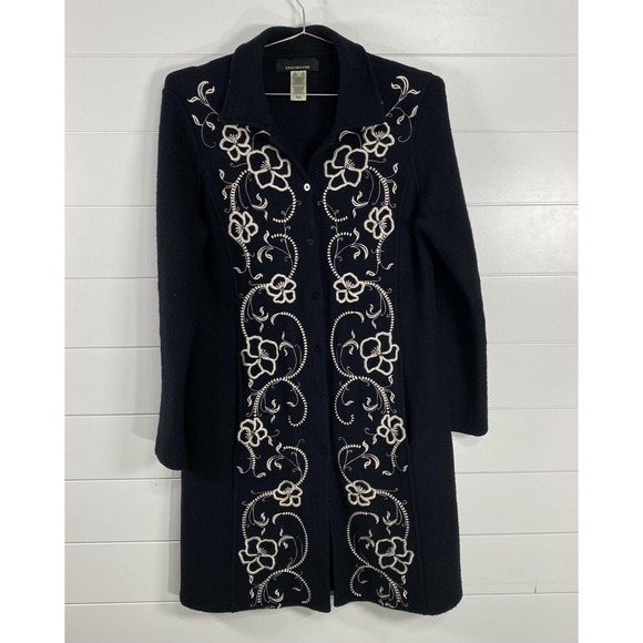 Jones New York Coat Womens Small Navy Merino Wool Embroidered Floral Button Long - Picture 1 of 11